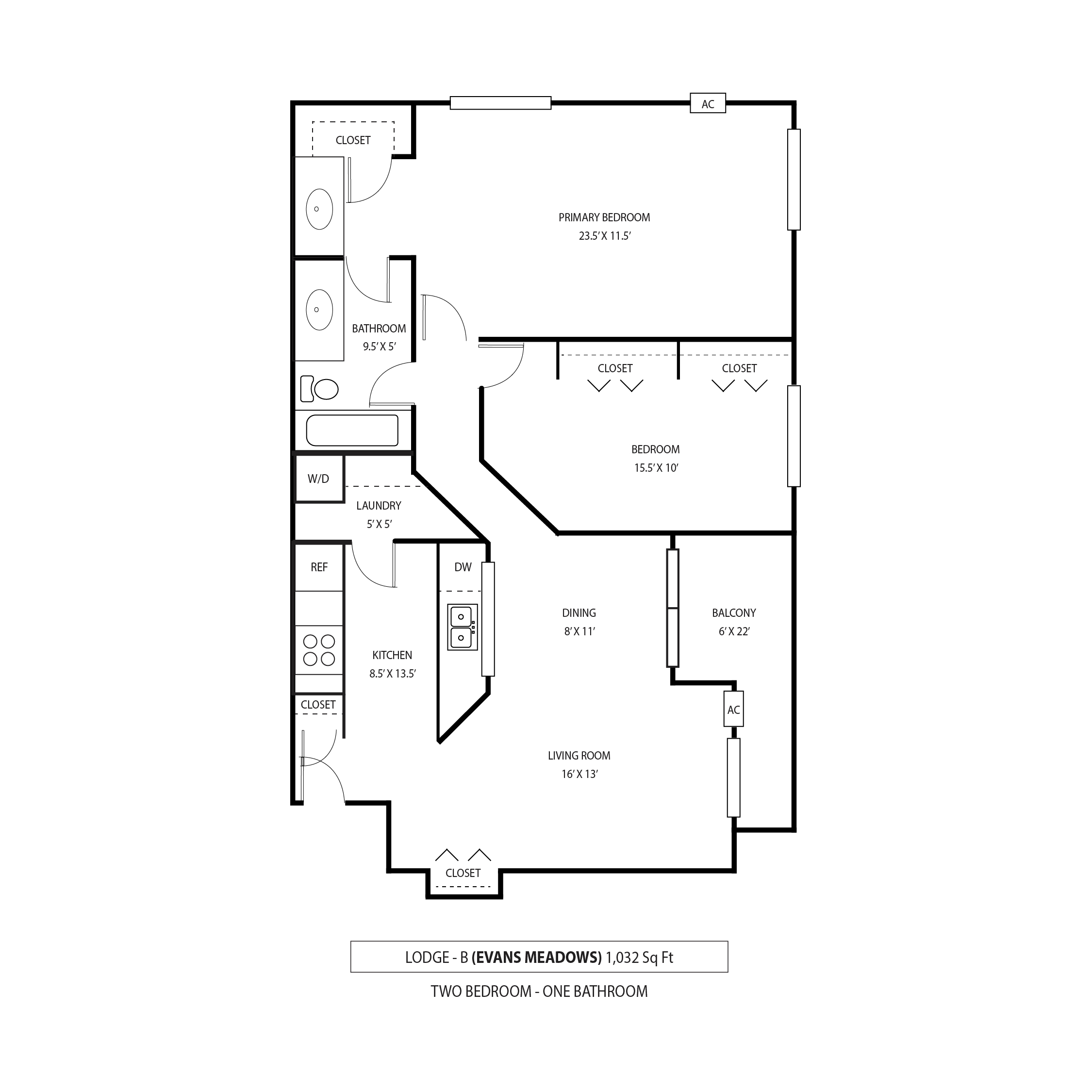 Floor plan for 2 beds, 1 bath, 1034 sqft